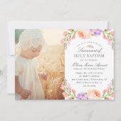 Blush Stripe und Bloom Baby Girl Foto Taufe Einladung (Vorderseite)