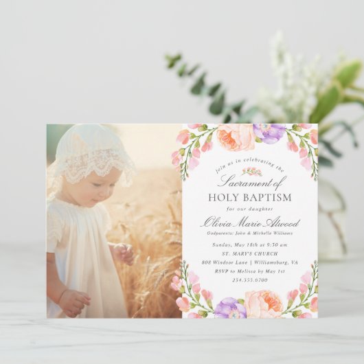 Blush Stripe und Bloom Baby Girl Foto Taufe Einladung (Stehend Vorderseite)