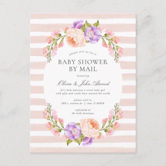 Blush Stripe und Blütendusche Einladung (Vorderseite)