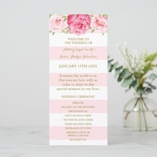 Blush Stripes Pink Watercolor Hochzeitsprogramm Programm (Stehend Vorderseite)