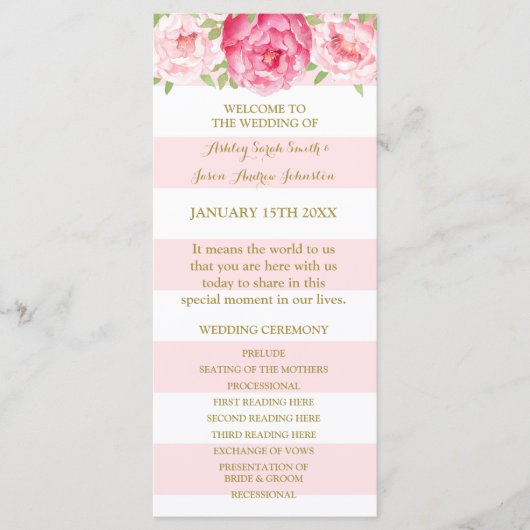 Blush Stripes Pink Watercolor Hochzeitsprogramm Programm (Vorderseite)