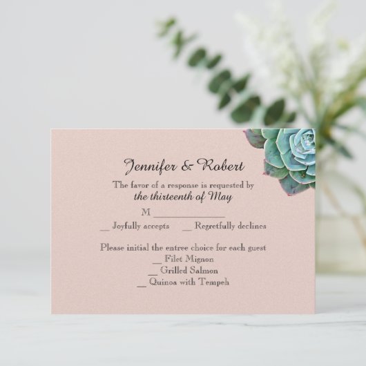 Blush Succulent Wedding Response Card RSVP Karte (Stehend Vorderseite)