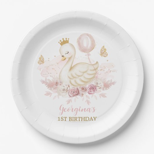 Blush Swan Princess mit Ballon & Schmetterlingen Pappteller (Vorderseite)
