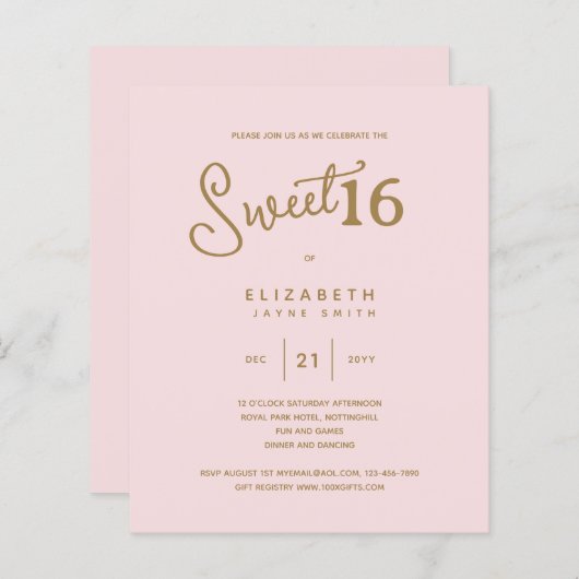 Blush SWEET 16 Modernes, elegantes Budget Geburtst (Vorne/Hinten)