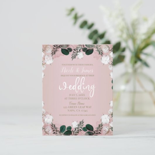 Blush Taupe Baumwolle Blumengrün Rustikale Hochzei Einladung (Stehend Vorderseite)