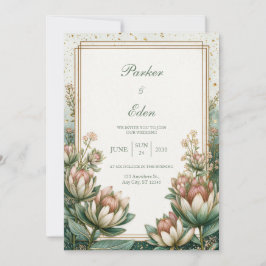 Blush Teal Astrantia Gold Foil Wedding Einladung