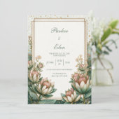 Blush Teal Astrantia Gold Foil Wedding Einladung (Stehend Vorderseite)