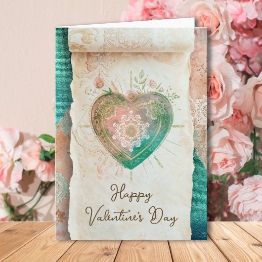 Blush Teal Baroque Sacred Heart Happy Valentines  Karte