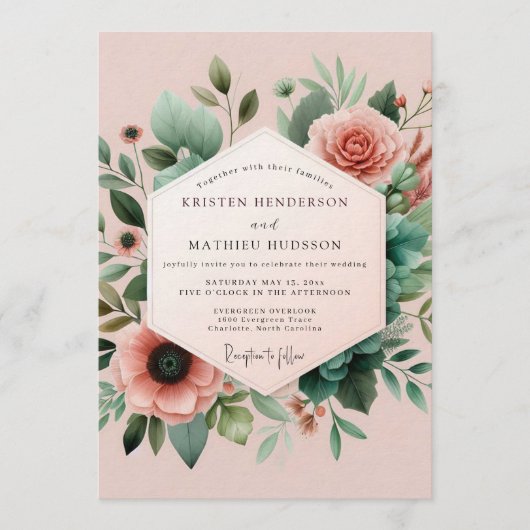 Blush Teal Botanical Wedding Einladung (Vorderseite)