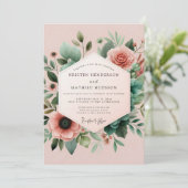 Blush Teal Botanical Wedding Einladung (Stehend Vorderseite)