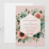 Blush Teal Botanical Wedding Einladung (Vorne/Hinten)