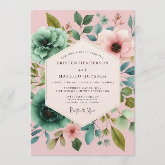 Blush Teal Painterly Flora Wedding Einladung (Vorderseite)