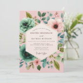 Blush Teal Painterly Flora Wedding Einladung (Stehend Vorderseite)
