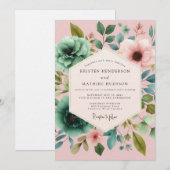 Blush Teal Painterly Flora Wedding Einladung (Vorne/Hinten)