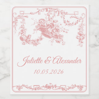 Blush Toile de Jouy Wedding Bottle Label with Cupi Weinetikett