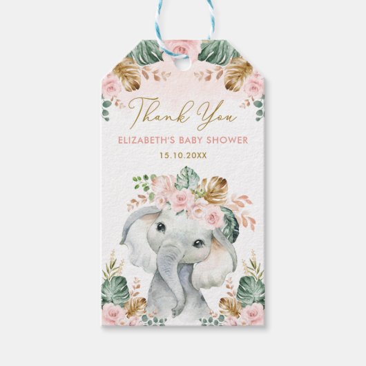 Blush Tropical Blume Elephant Girl Baby Dusche Geschenkanhänger (Vorderseite)