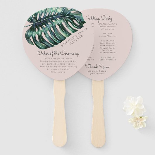Blush Tropical Leaf Monstera Palm Hochzeitsprogram Fächer (Vorne und Hinten)