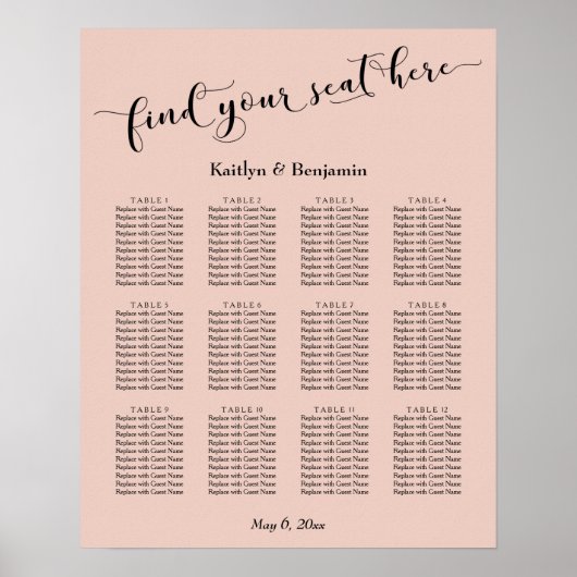 Blush, Typografie für die Hochzeitssitzkarte Poster (Vorne)