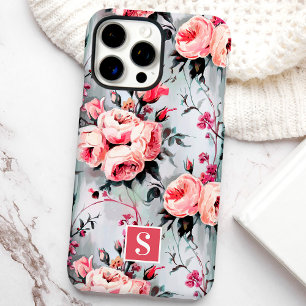 Blush und Coral Monogram Floral iPhone 16 Pro Max Hülle