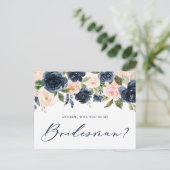 Blush und Navy-Floral werden Sie mein Bridesman se Postkarte (Stehend Vorderseite)