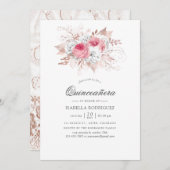 Blush und Rose Gold Floral und Spitzen Quinceañera Einladung (Vorne/Hinten)