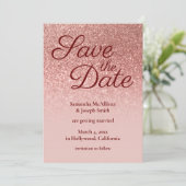 Blush und Rose Gold Ombre Glitzer Save the Date Einladung (Stehend Vorderseite)