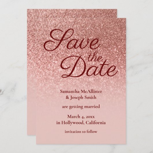 Blush und Rose Gold Ombre Glitzer Save the Date Einladung (Vorne/Hinten)