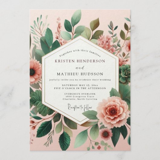 Blush Verdant Bloom Hochzeit Einladung (Vorderseite)