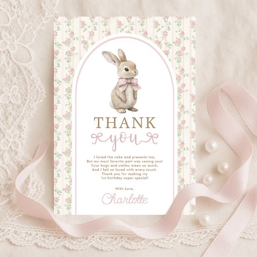 Blush Vintag Bunny Pink Bow Birthday Girl Dankeskarte