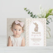 Blush Vintage Bunny Pink Bow Birthday Girl Dankeskarte (Stehend Vorderseite)