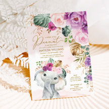 Blush Violet Tropical Greenery Elephant Baby