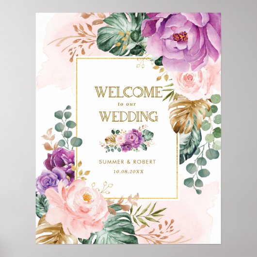 Blush Violet Tropische Blumengrün Hochzeit Poster (Vorne)