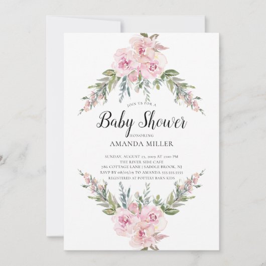 Blush Wassercolor Bloral Baby Dusche Einladung (Vorderseite)