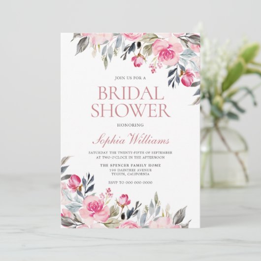 Blush Wasserfarbe Blumengrün Brautparty Einladung (Stehend Vorderseite)