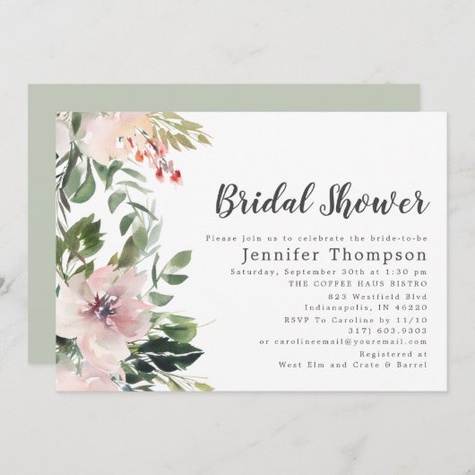 Blush Wasserfarbe Brautparty Einladung (Vorne/Hinten)