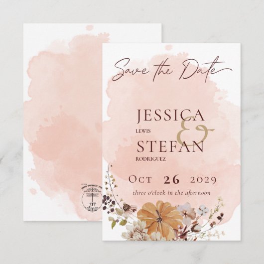 Blush Wasserfarbe Herbst Moderne Hochzeit Save The Date (Vorne/Hinten)
