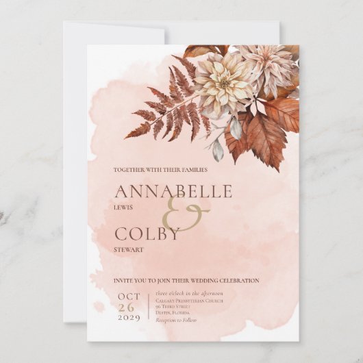 Blush Wasserfarbe Herbst Moderne Hochzeitseinladun Einladung (Vorderseite)