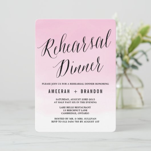 Blush Wasserfarbe Ombre Probe Abendessen Einladung (Stehend Vorderseite)
