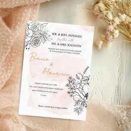 Blush Wasserfarbe & Schwarze Flora Elegante Hochze Einladung