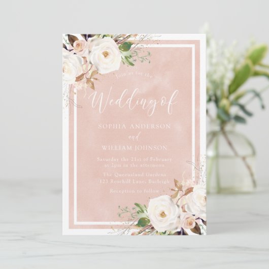 Blush Wasserfarbe Weiße Blume Schöne Hochzeit Einladung (Stehend Vorderseite)