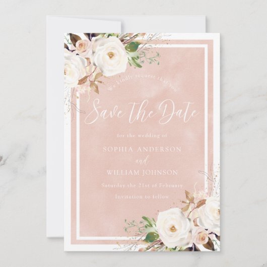 Blush Wasserfarbe Weiße Blume Schöne Hochzeit Save The Date (Vorderseite)
