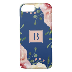 Blush-Wasserfarben-Blume für Navy Simple Monogram Case-Mate iPhone Hülle
