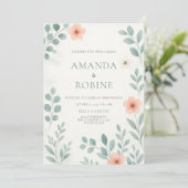 Blush-Wasserfarbenblütenhochzeit Einladung (Stehend Vorderseite)