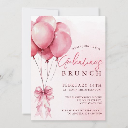 Blush Watercolor Balloon Galentines Brunch Einladung (Vorderseite)