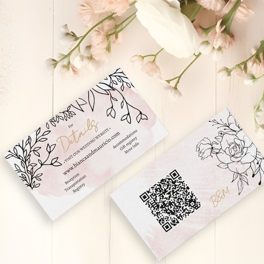 Blush Watercolor & Black Floral Modern QR Wedding  Begleitkarte