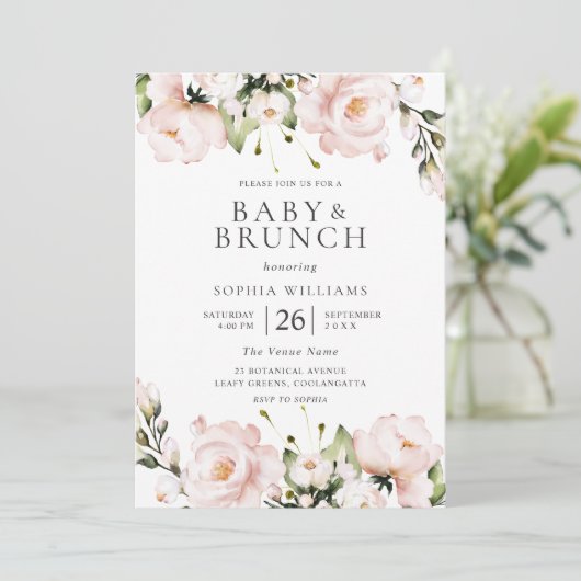Blush Watercolor Blume Babydusche Brunch Einladung (Stehend Vorderseite)