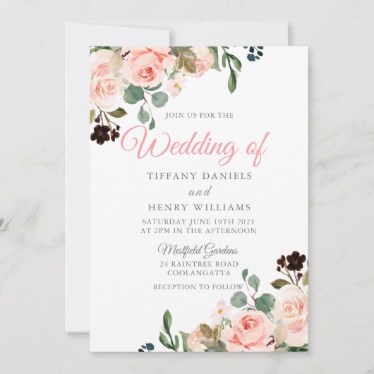 Blush Watercolor Blume Modernes Hochzeitsdesign Einladung (Vorderseite)