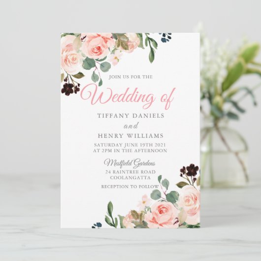 Blush Watercolor Blume Modernes Hochzeitsdesign Einladung (Stehend Vorderseite)