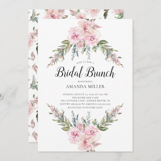 Blush Watercolor Blumenbridal Brunch Einladung (Vorne/Hinten)