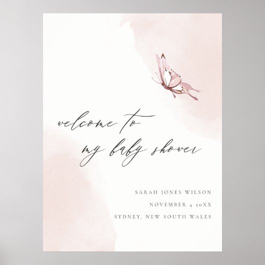 Blush Watercolor Butterfly Baby Dusche Willkommen Poster (Vorne)